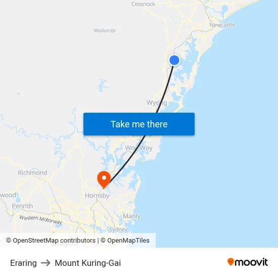 Eraring to Mount Kuring-Gai map