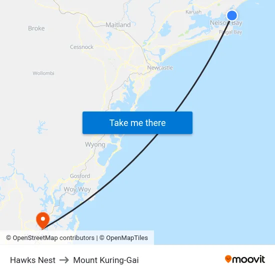 Hawks Nest to Mount Kuring-Gai map