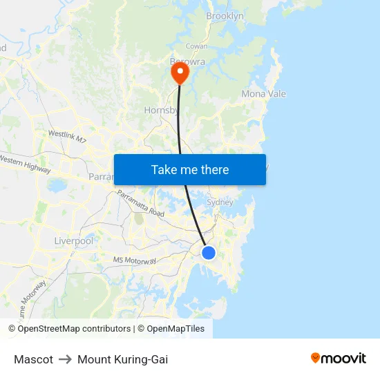 Mascot to Mount Kuring-Gai map