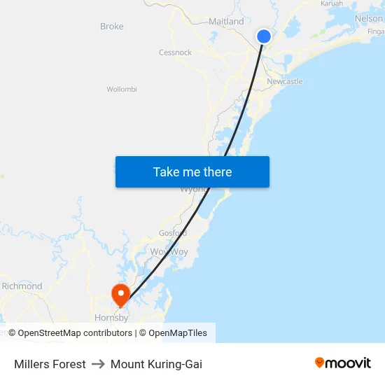 Millers Forest to Mount Kuring-Gai map