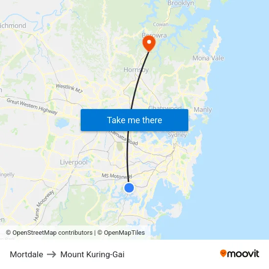Mortdale to Mount Kuring-Gai map