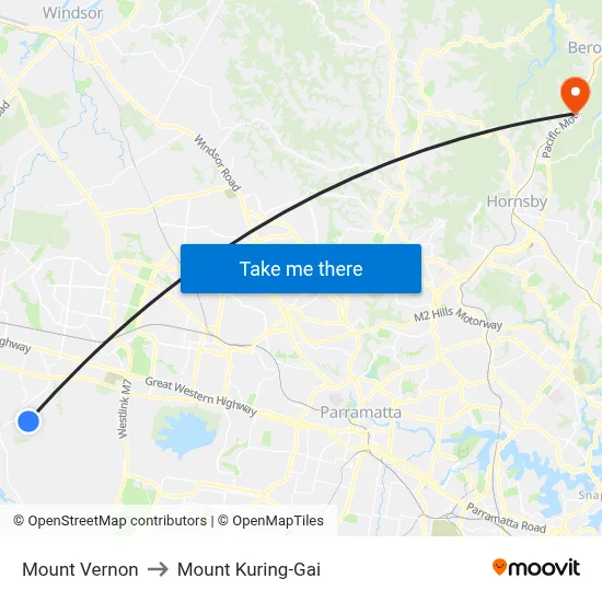 Mount Vernon to Mount Kuring-Gai map