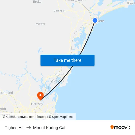 Tighes Hill to Mount Kuring-Gai map