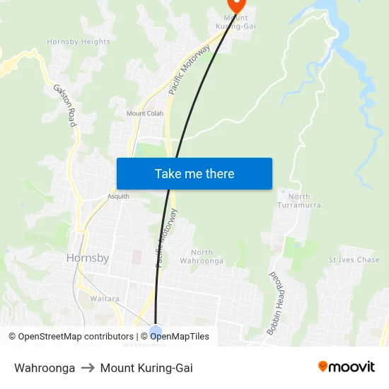 Wahroonga to Mount Kuring-Gai map