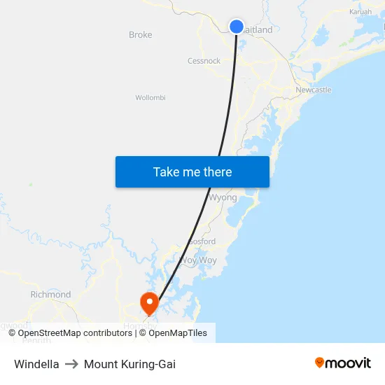 Windella to Mount Kuring-Gai map