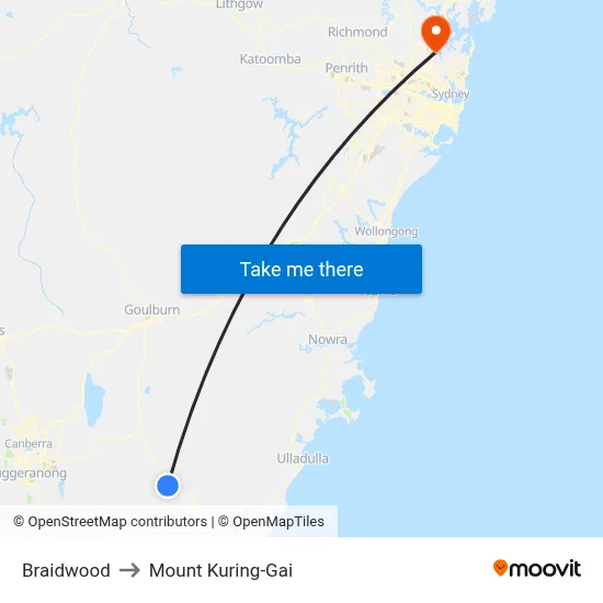 Braidwood to Mount Kuring-Gai map