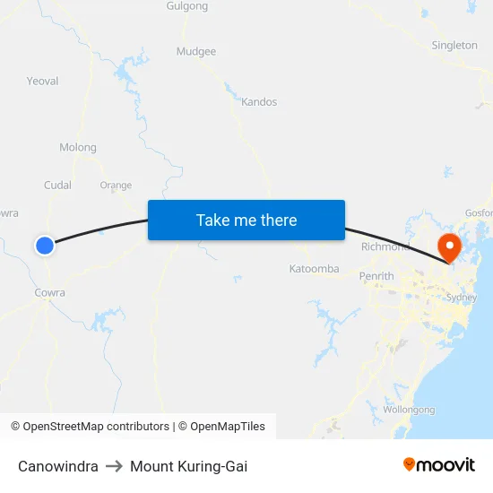 Canowindra to Mount Kuring-Gai map