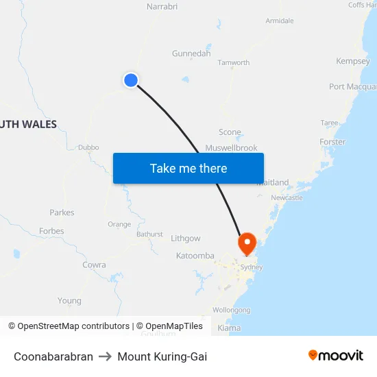Coonabarabran to Mount Kuring-Gai map
