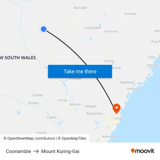 Coonamble to Mount Kuring-Gai map