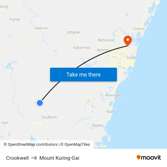 Crookwell to Mount Kuring-Gai map