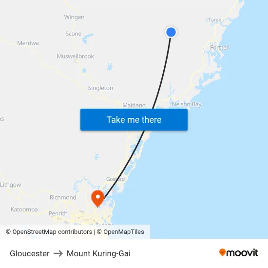 Gloucester to Mount Kuring-Gai map