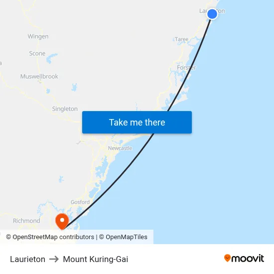 Laurieton to Mount Kuring-Gai map