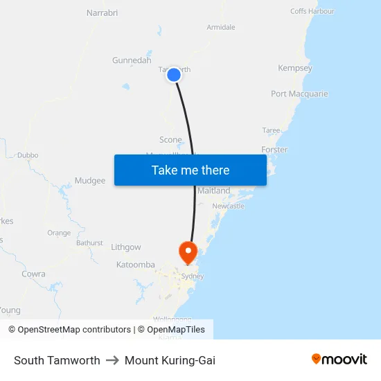 South Tamworth to Mount Kuring-Gai map
