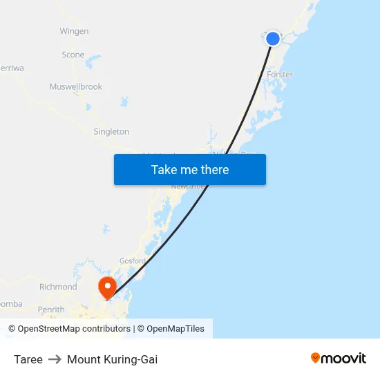 Taree to Mount Kuring-Gai map