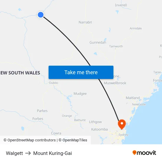 Walgett to Mount Kuring-Gai map