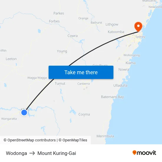 Wodonga to Mount Kuring-Gai map