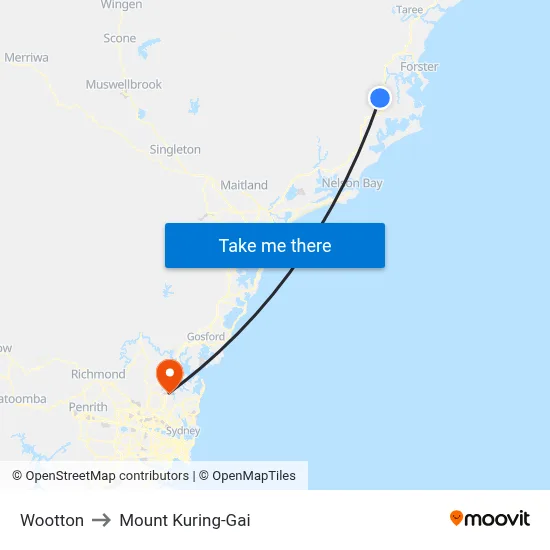 Wootton to Mount Kuring-Gai map