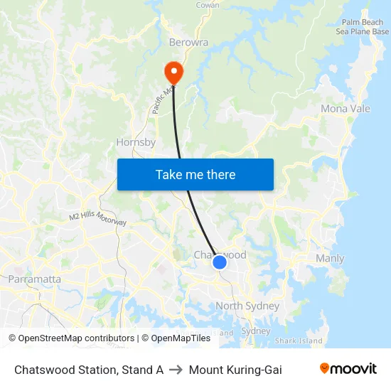 Chatswood Station, Stand A to Mount Kuring-Gai map