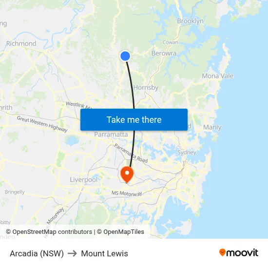 Arcadia (NSW) to Mount Lewis map
