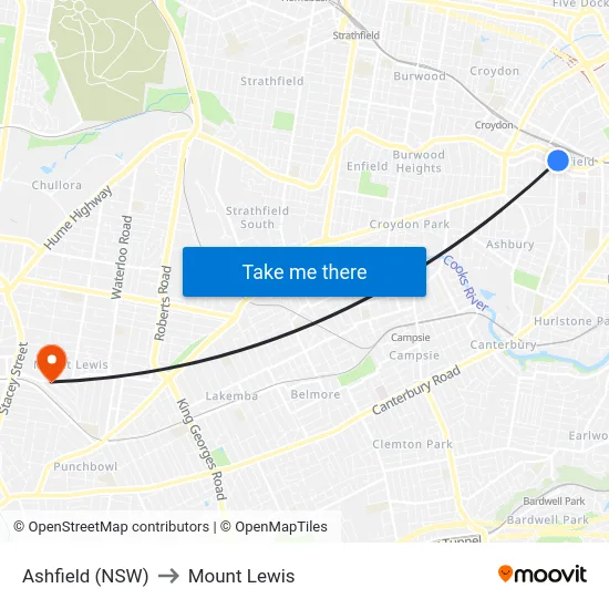 Ashfield (NSW) to Mount Lewis map