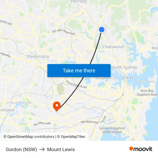 Gordon (NSW) to Mount Lewis map