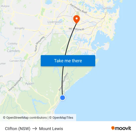 Clifton (NSW) to Mount Lewis map