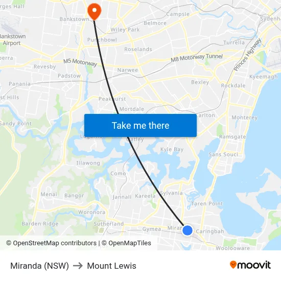 Miranda (NSW) to Mount Lewis map