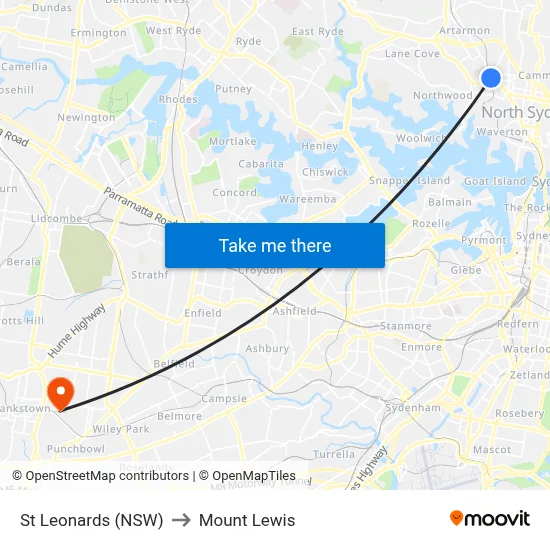 St Leonards (NSW) to Mount Lewis map