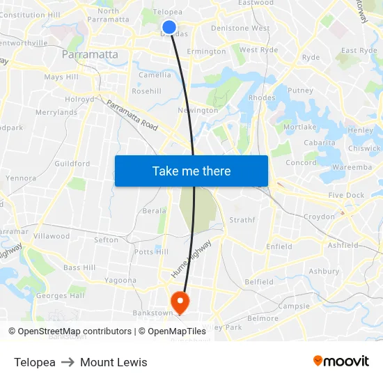 Telopea to Mount Lewis map