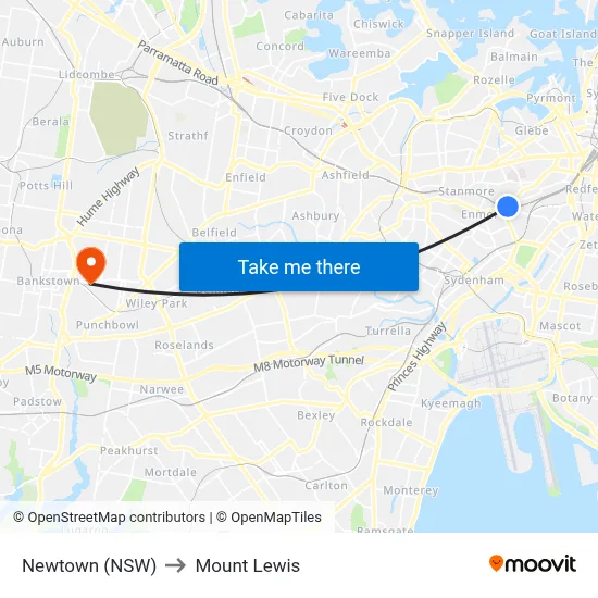 Newtown (NSW) to Mount Lewis map