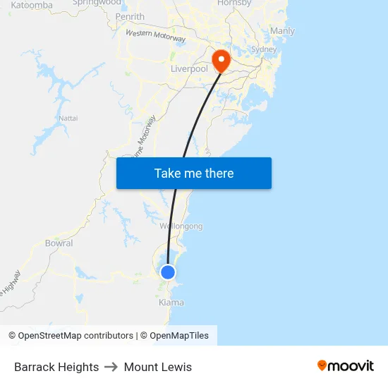 Barrack Heights to Mount Lewis map