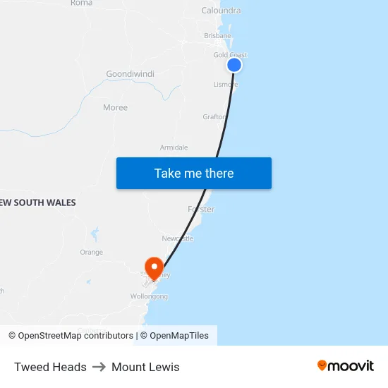Tweed Heads to Mount Lewis map