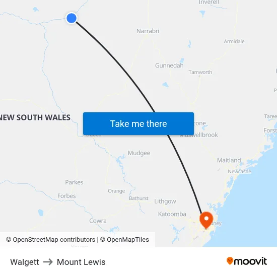 Walgett to Mount Lewis map