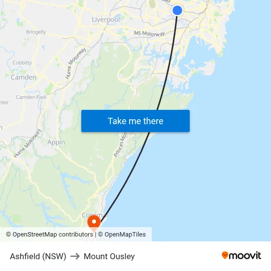 Ashfield (NSW) to Mount Ousley map