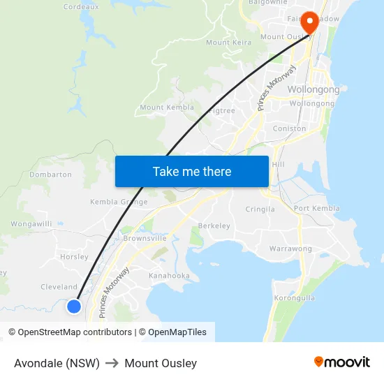 Avondale (NSW) to Mount Ousley map