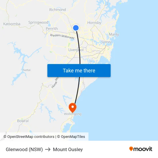 Glenwood (NSW) to Mount Ousley map