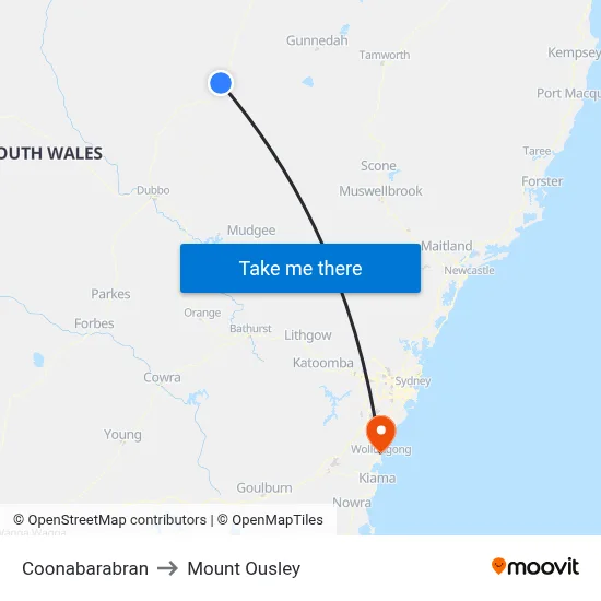 Coonabarabran to Mount Ousley map
