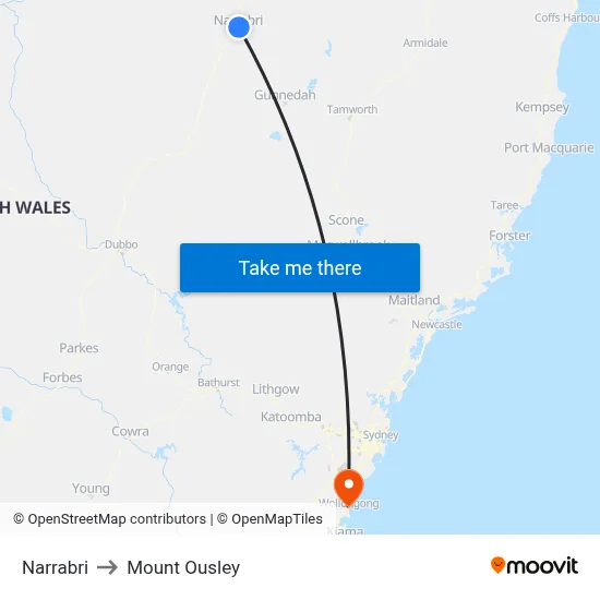 Narrabri to Mount Ousley map