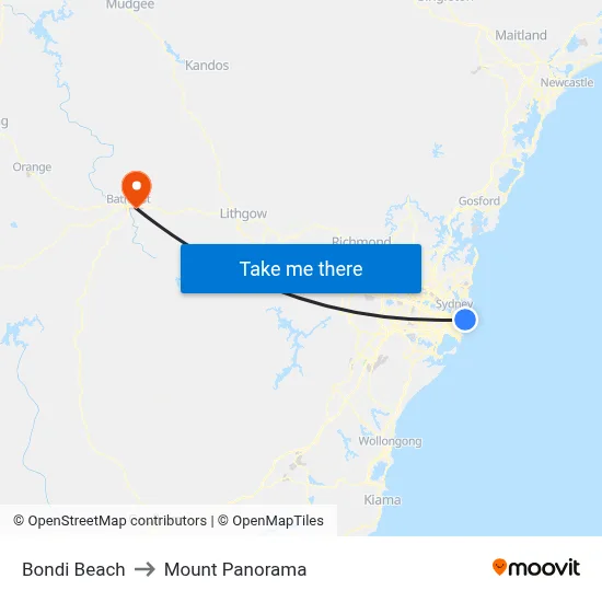 Bondi Beach to Mount Panorama map