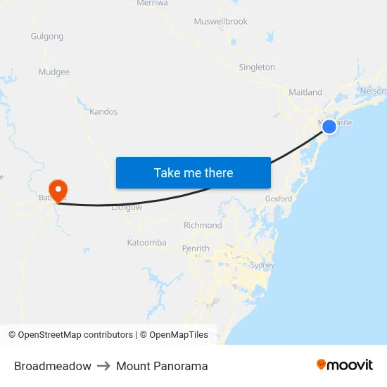 Broadmeadow to Mount Panorama map
