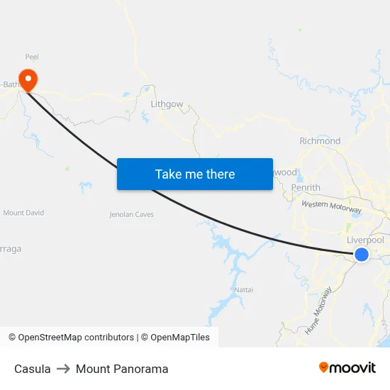 Casula to Mount Panorama map