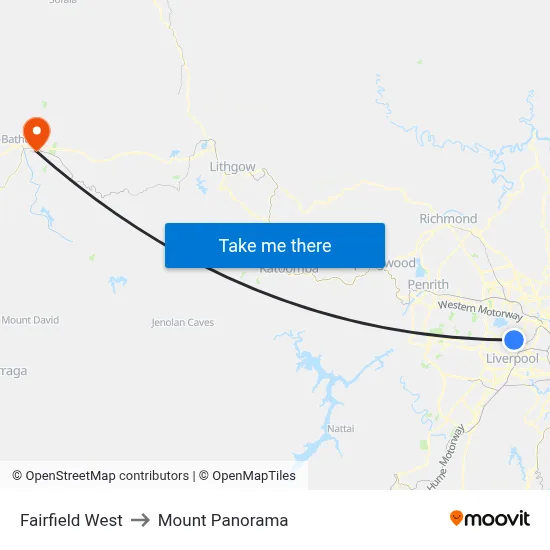 Fairfield West to Mount Panorama map