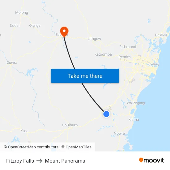Fitzroy Falls to Mount Panorama map