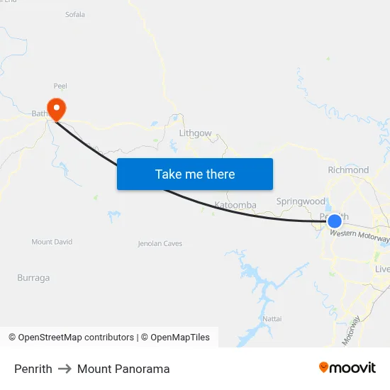 Penrith to Mount Panorama map