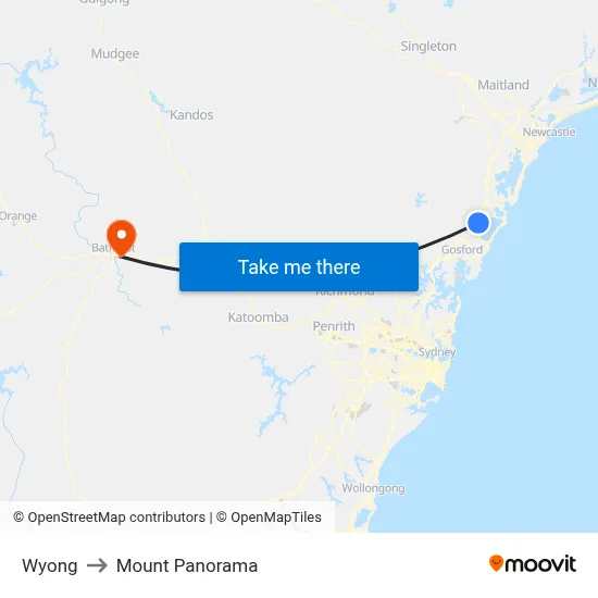 Wyong to Mount Panorama map