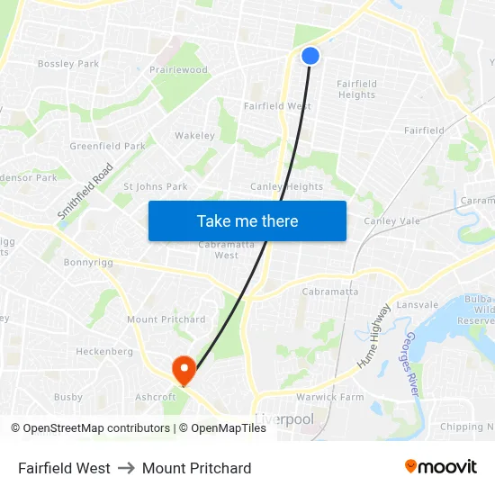 Fairfield West to Mount Pritchard map