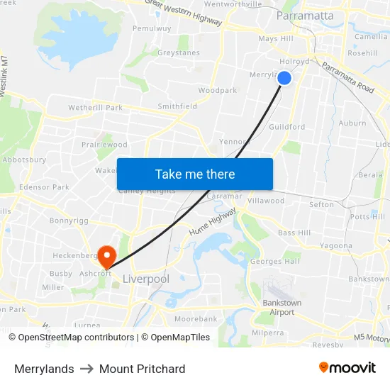 Merrylands to Mount Pritchard map