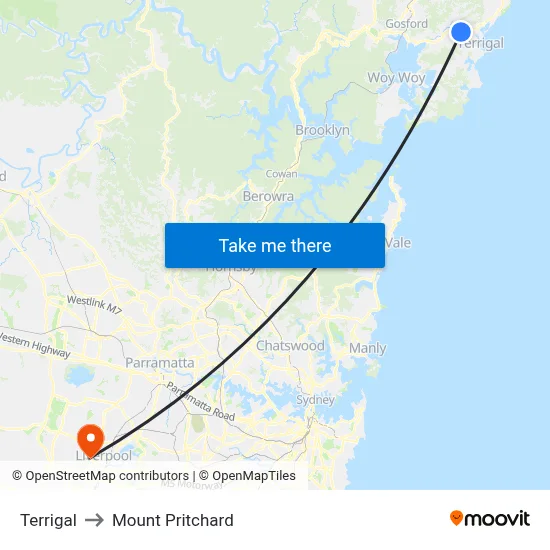 Terrigal to Mount Pritchard map