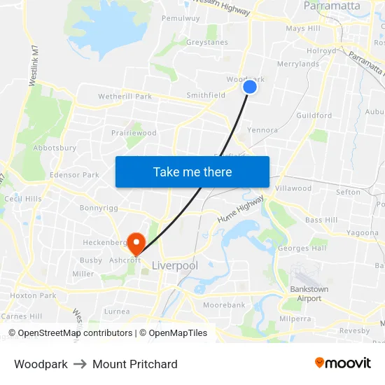 Woodpark to Mount Pritchard map