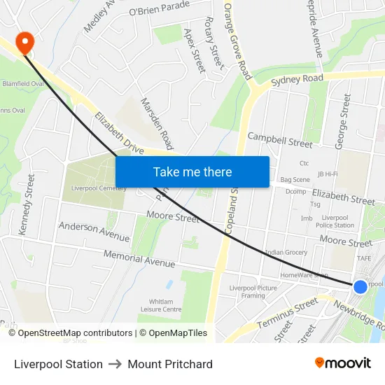 Liverpool Station to Mount Pritchard map
